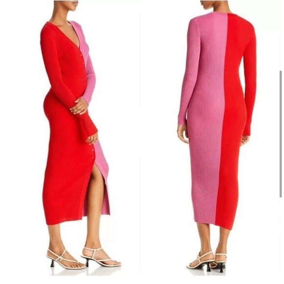 STAUD Shoko Colorblock Lurex Ribbed Long Sleeve Sweater Dress Medium Lava Peony - Picture 3 of 10